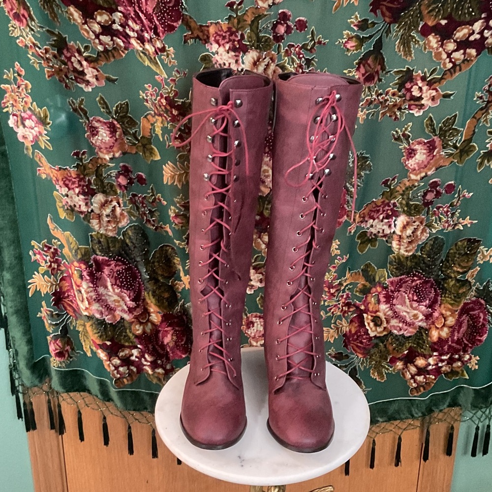 Elegant Burgundy Lace-Up Knee-High Boots